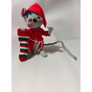 Vintage 1990 Annalee Dolls Christmas‎ Mouse Red Nightcap Stocking Grey 6 Inch